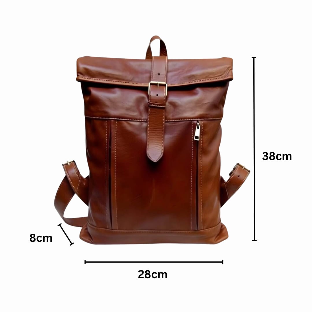 Full-Grain Leather Rolltop Backpack – Handcrafted 10.2″ Travel Bag