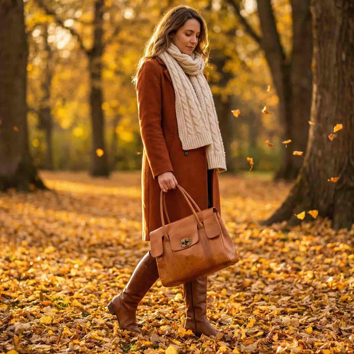 Handmoo Cognac Leder Tote Bag – Handgefertigte Tasche mit Drehverschluss