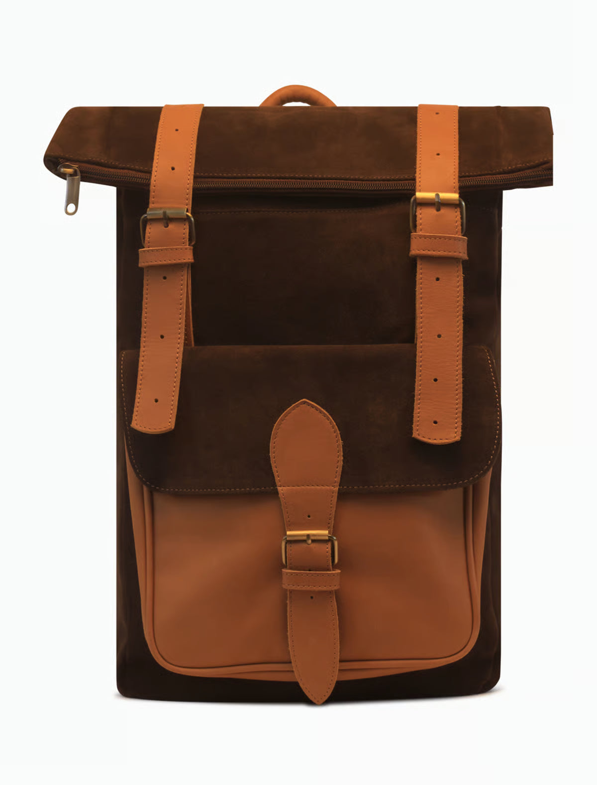 Handgefertigter Rolltop Rucksack aus Wildleder & Leder – Minimalistischer Backpack in Dunkelbraun