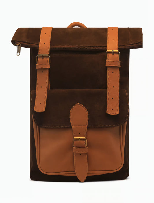 Handgefertigter Rolltop Rucksack aus Wildleder & Leder – Minimalistischer Backpack in Dunkelbraun