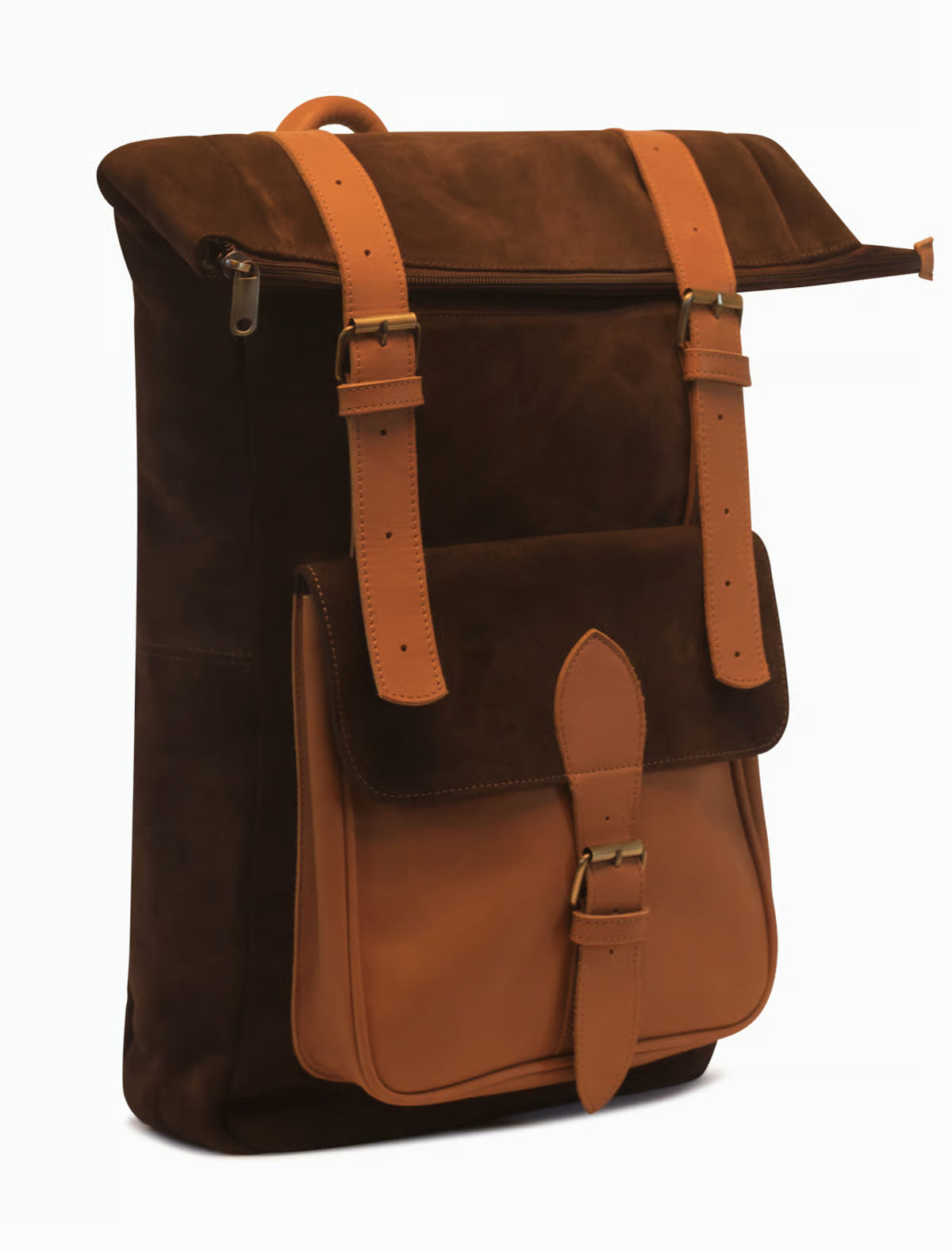 Handgefertigter Rolltop Rucksack aus Wildleder & Leder – Minimalistischer Backpack in Dunkelbraun