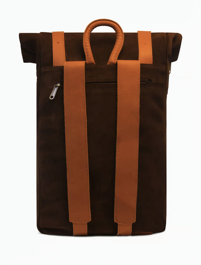 Handgefertigter Rolltop Rucksack aus Wildleder & Leder – Minimalistischer Backpack in Dunkelbraun