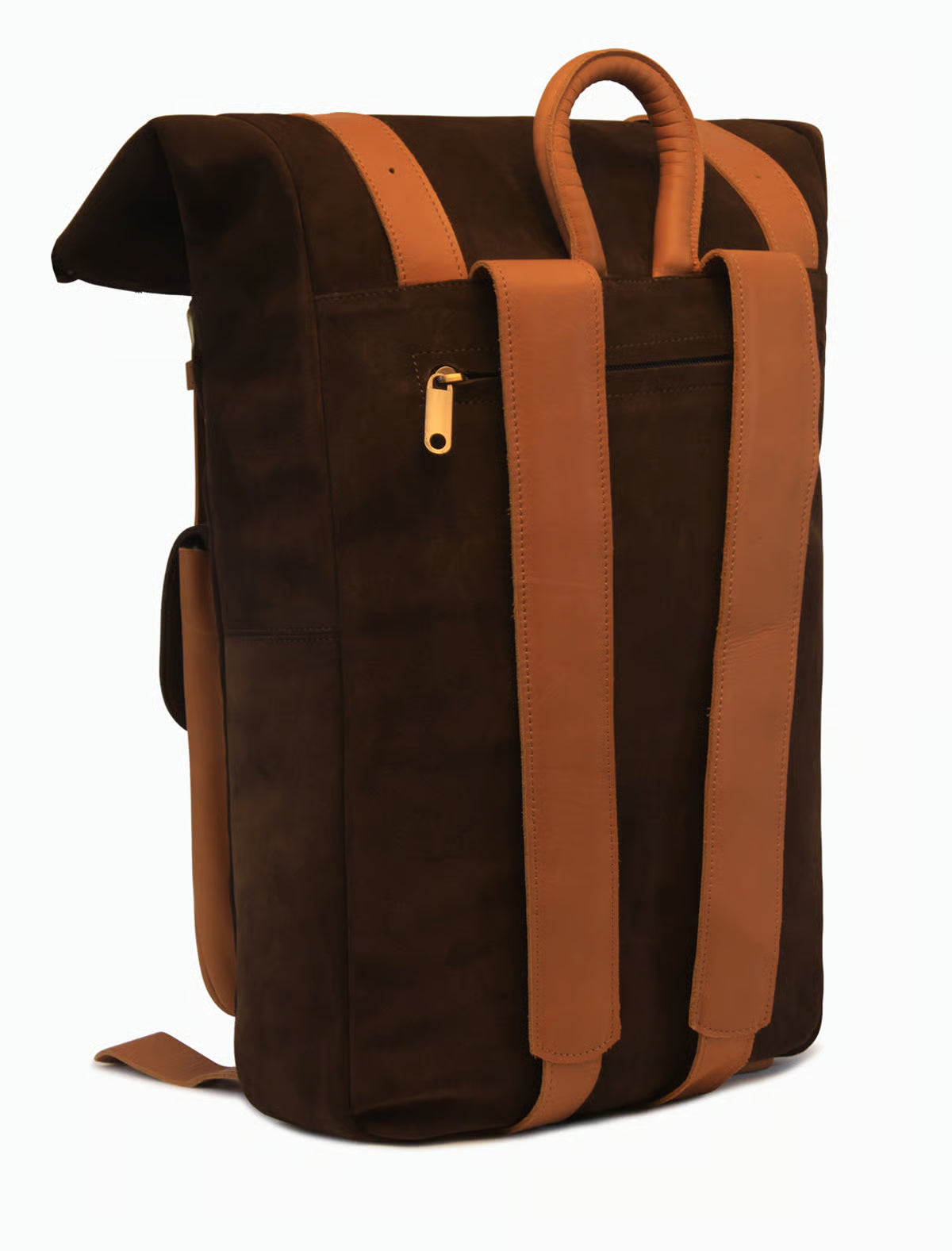 Handgefertigter Rolltop Rucksack aus Wildleder & Leder – Minimalistischer Backpack in Dunkelbraun