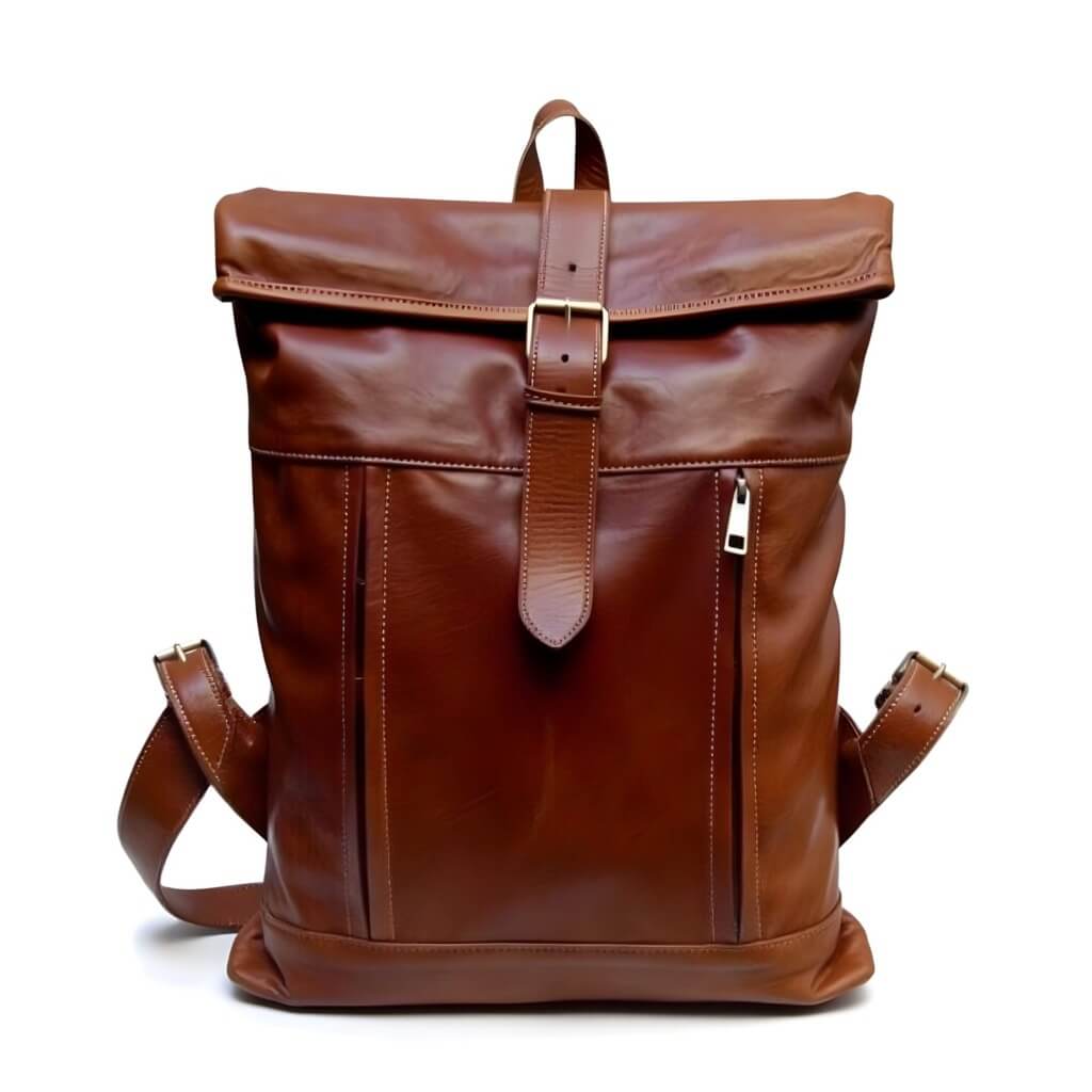 Full-Grain Leather Rolltop Backpack – Handcrafted 10.2″ Travel Bag