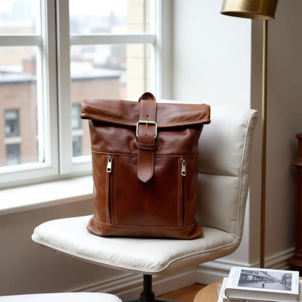 Full-Grain Leather Rolltop Backpack – Handcrafted 10.2″ Travel Bag