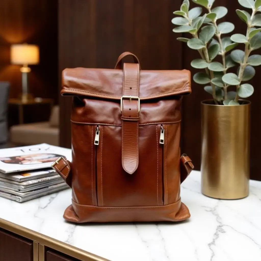 Full-Grain Leather Rolltop Backpack – Handcrafted 10.2″ Travel Bag