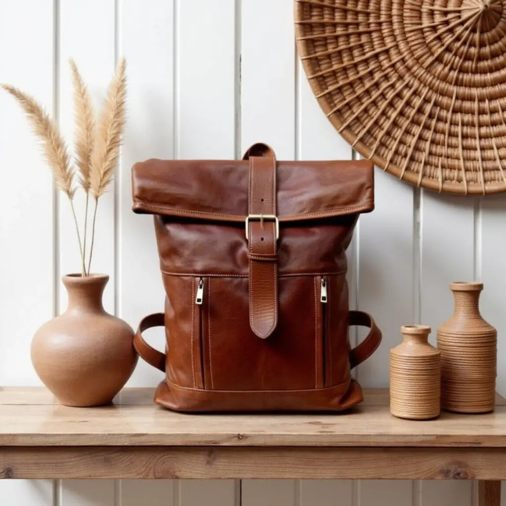 Full-Grain Leather Rolltop Backpack – Handcrafted 10.2″ Travel Bag