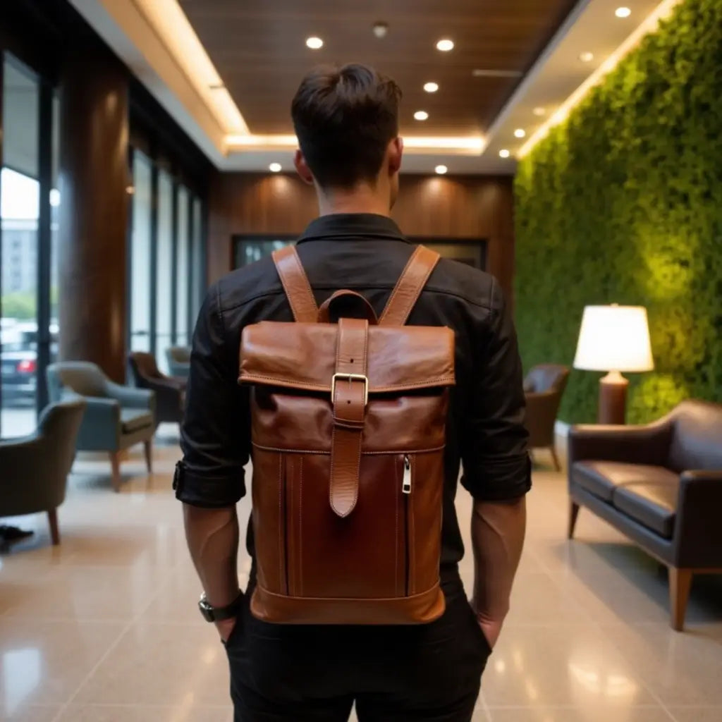 Full-Grain Leather Rolltop Backpack – Handcrafted 10.2″ Travel Bag