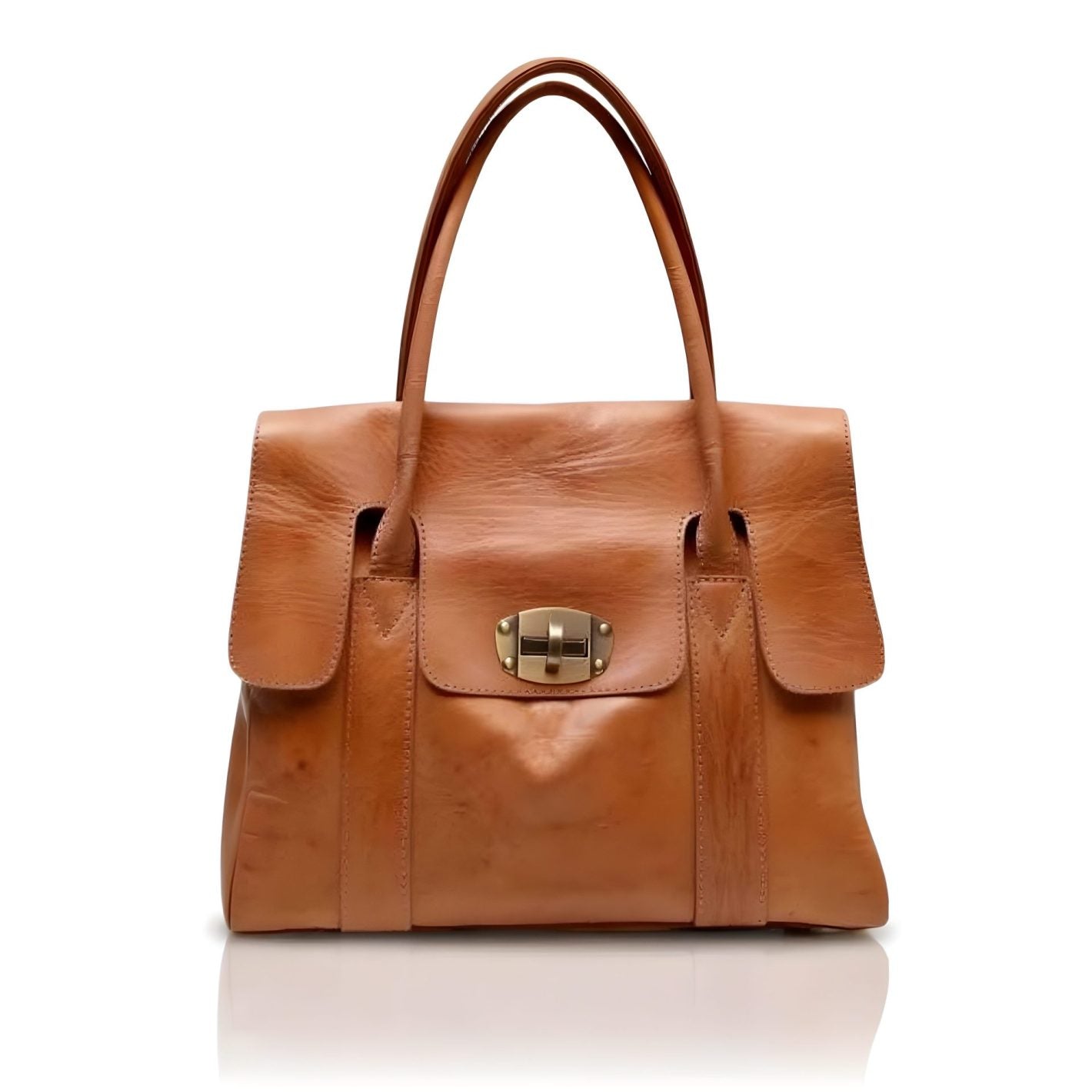 Cognac Leather Tote Bag – Handcrafted Designer Satchel with Lock Closure