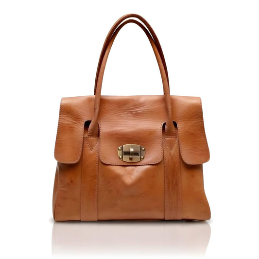 Cognac Leather Tote Bag – Handcrafted Designer Satchel with Lock Closure