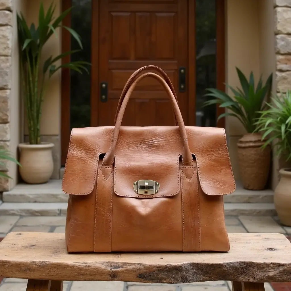 Cognac Leather Tote Bag – Handcrafted Designer Satchel with Lock Closure
