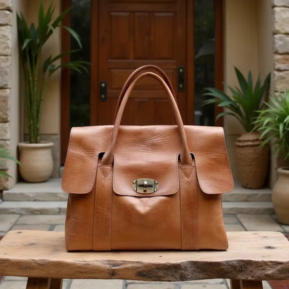 Handmoo Cognac Leder Tote Bag – Handgefertigte Tasche mit Drehverschluss