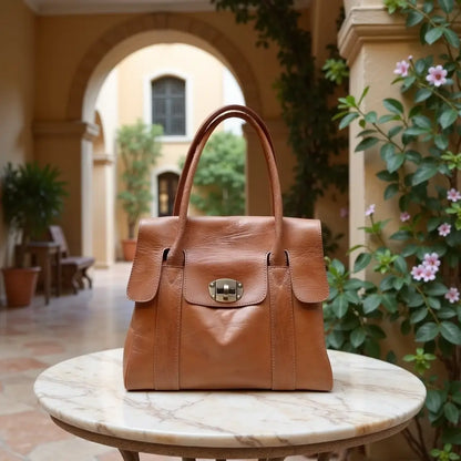 Handmoo Cognac Leder Tote Bag – Handgefertigte Tasche mit Drehverschluss