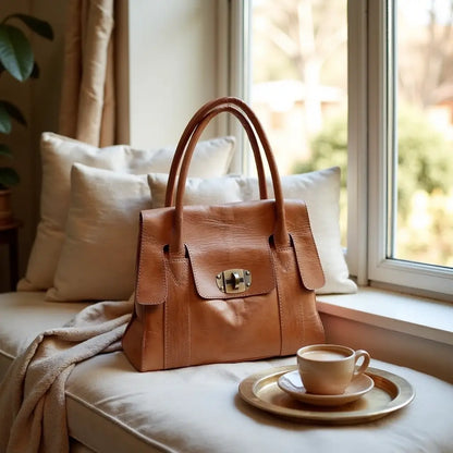 Handmoo Cognac Leder Tote Bag – Handgefertigte Tasche mit Drehverschluss