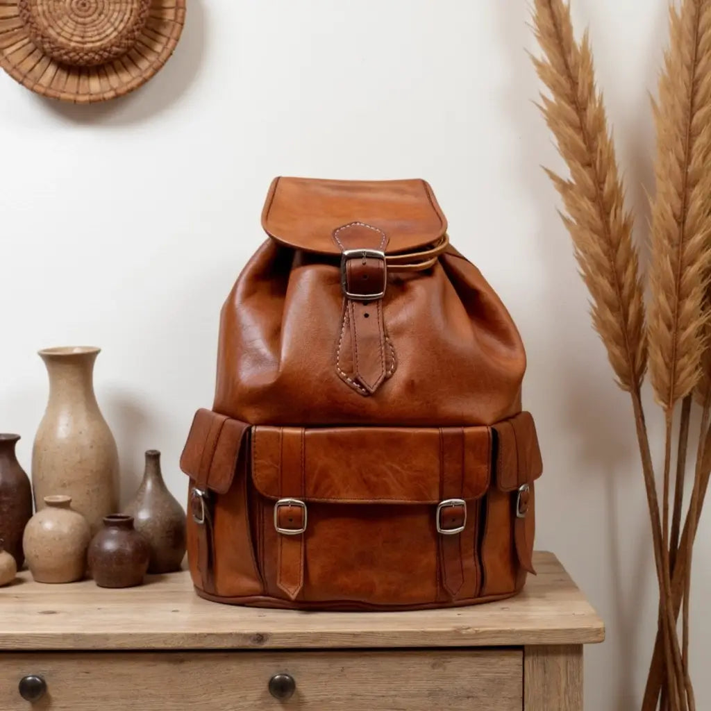 Brown Leather Buckle Backpack – Handcrafted Vintage Style Laptop Bag