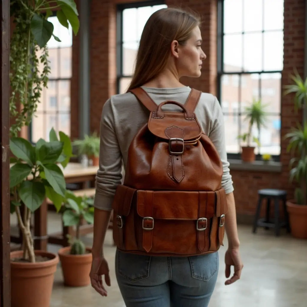 Brown Leather Buckle Backpack – Handcrafted Vintage Style Laptop Bag