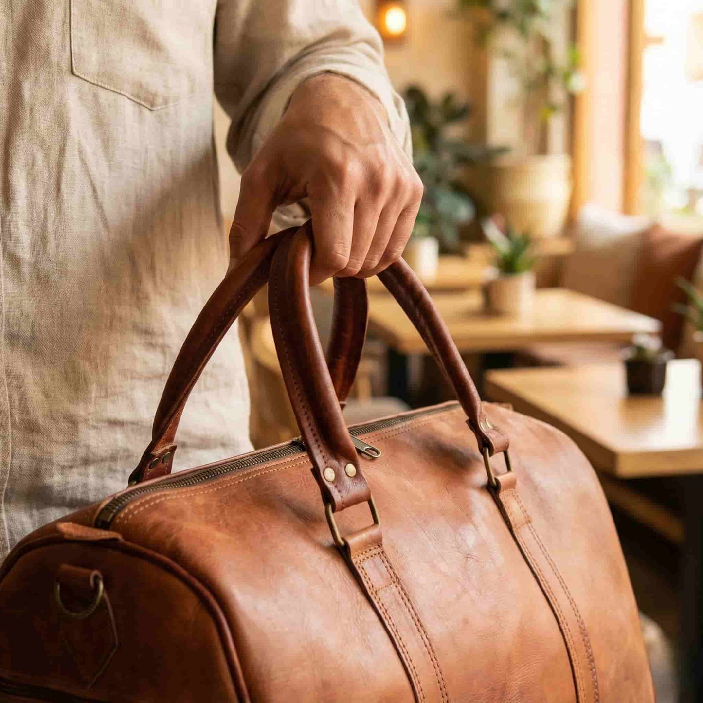 Cognac Leather Travel Bag 50cm – Handcrafted Weekend Duffle