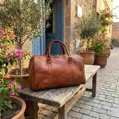 Handmoo Cognac Leder Reisetasche 50cm – Handgefertigte Weekender Duffle Bag