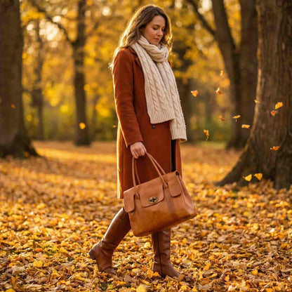 Handmoo Cognac Leder Tote Bag – Handgefertigte Tasche mit Drehverschluss