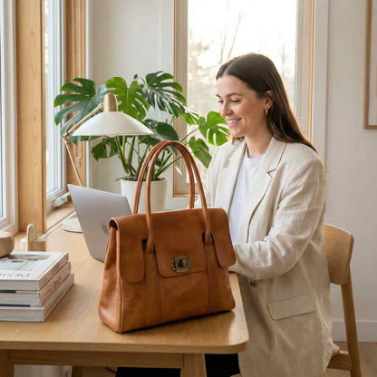 Handmoo Cognac Leder Tote Bag – Handgefertigte Tasche mit Drehverschluss