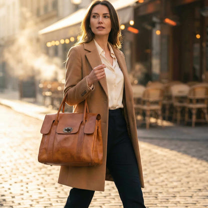 Handmoo Cognac Leder Tote Bag – Handgefertigte Tasche mit Drehverschluss