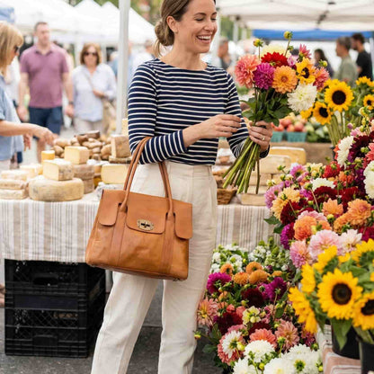 Handmoo Cognac Leder Tote Bag – Handgefertigte Tasche mit Drehverschluss