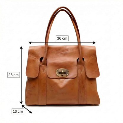 Handmoo Cognac Leder Tote Bag – Handgefertigte Tasche mit Drehverschluss