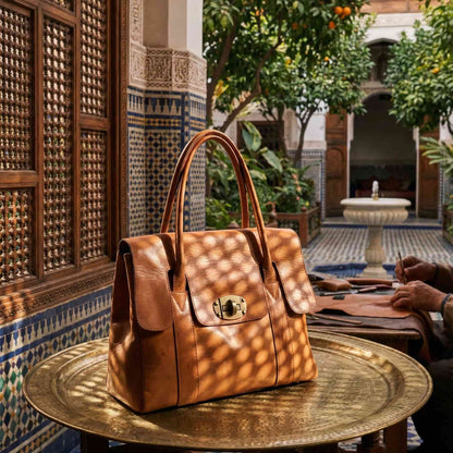 Handmoo Cognac Leder Tote Bag – Handgefertigte Tasche mit Drehverschluss