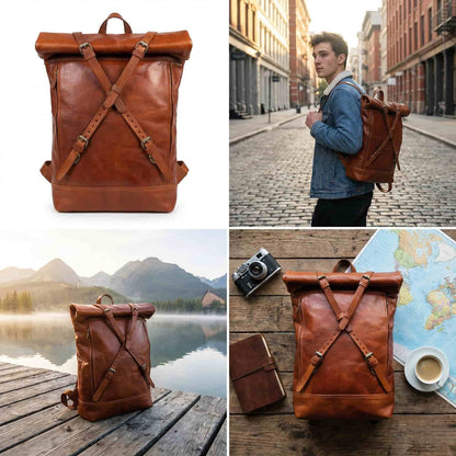 Handmoo Leder Rolltop Rucksack – Erweiterbarer Handgefertigter Backpack (15″ Laptop)